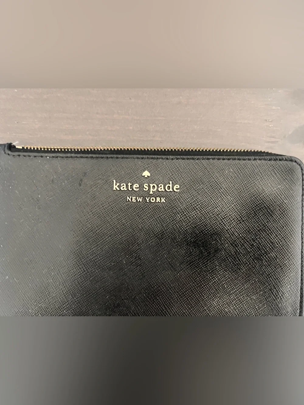 kate spade Black Saffiano Leather Zip Card Holder with silver Logo
